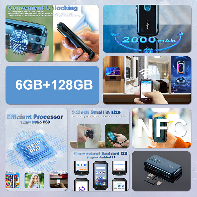 Unihertz-ゼリー2小さなスマートフォン、デュアルSIM、helio p60オクタコア、Android 11、6GB、128GB、16MP、2000mahバッテリー