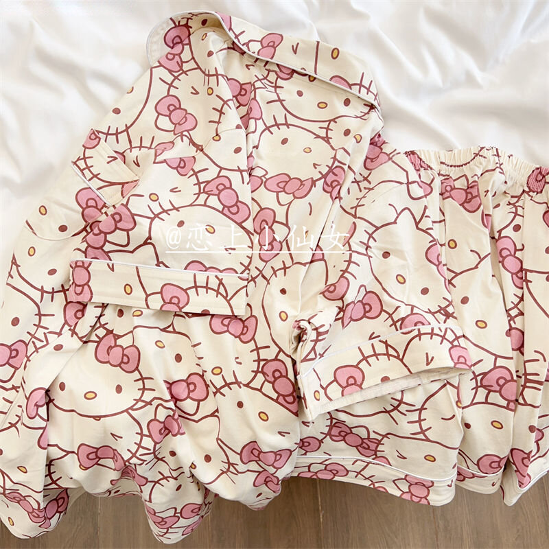 Sanrio Hello Kitty Sweet Cute Women Short Pajamas Set Y2k Loose Oversize Pink Pijamas New Korean Cartoon Student Homewear Set