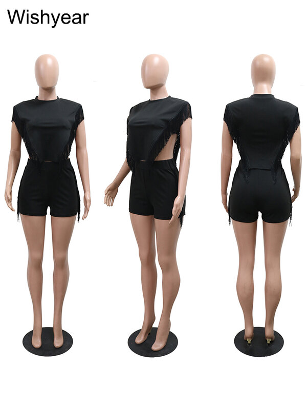 Nowa moda na lato stroje klubowe odzież damska frędzle Crop Top bez rękawów i szorty dwa 2-częściowe pasujący zestaw damskie Streetwear