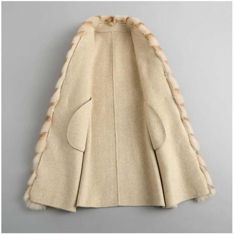 Aorice Women Luxury Winter Wool Fur Coat Jacket Femal Fox Fur Collar Coats Lady Long Over Size Parka Trench CT2120