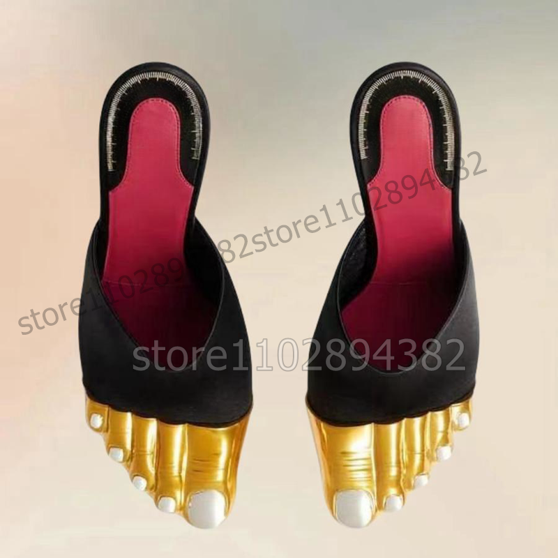 Chinelos dourados com design de cinco dedos para mulheres, sapatos de salto alto fino, moda nova, festa na pista, preto, 2023