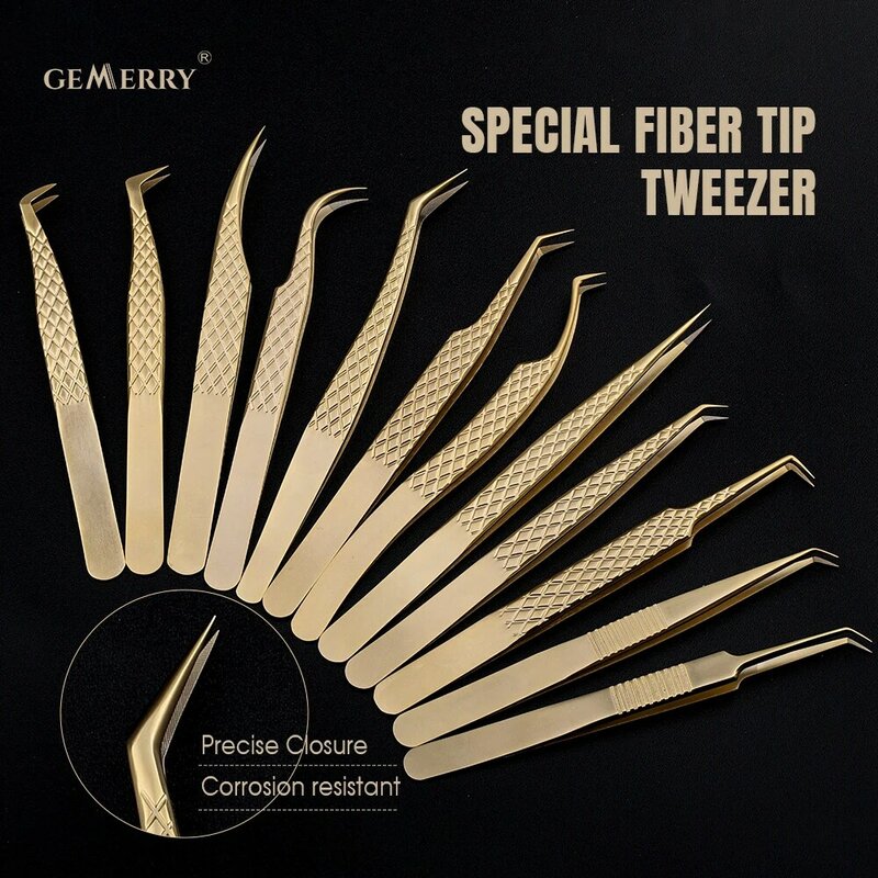 1 Pcs Eyelash Extension Tweezers With Fiber Tips Golden Stainless Steel High Precision Tweezer for Volume Fans Makeup Tools