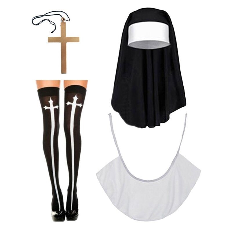 Y1UE Nonnenkostüm-Set mit Halskette mit Kreuz-Anhänger, Nonnenhut mit Kreuz über den Kniestrümpfen, Halloween-Nonnen-Zubehörset
