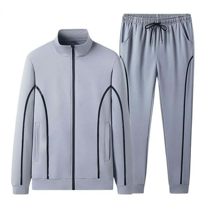 Autumn Men Coat Pants Suit Zipper Closure Stand Collar Solid Color Drawstring Sweatpants Coat Men Tracksuit Pant Sets 남성의류