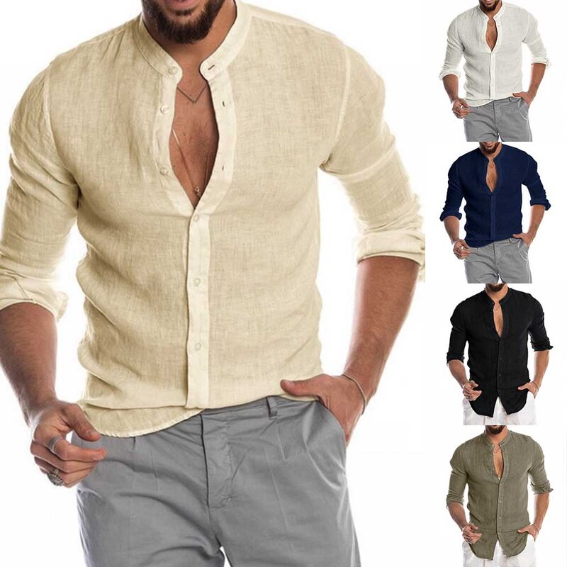Kemeja dan blus pria Linen katun, atasan kaus longgar Solid kancing berdiri berkancing sebaris lengan panjang untuk pria