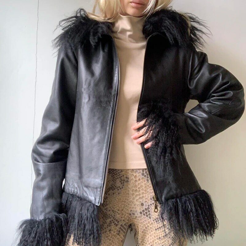 Gotycka czarna elegancka moda Faux skórzana kurtka główna ulica moda Zip Up z długim rękawem kurtki jesienne kobiety wykończone futrem płaszcze Punk