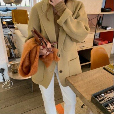 Women's Casual Woolen Suit Jacket 2023 Autumn and Winter New Korean Style Loose Elegant Woolen Coat Trendy Single-breasted Top