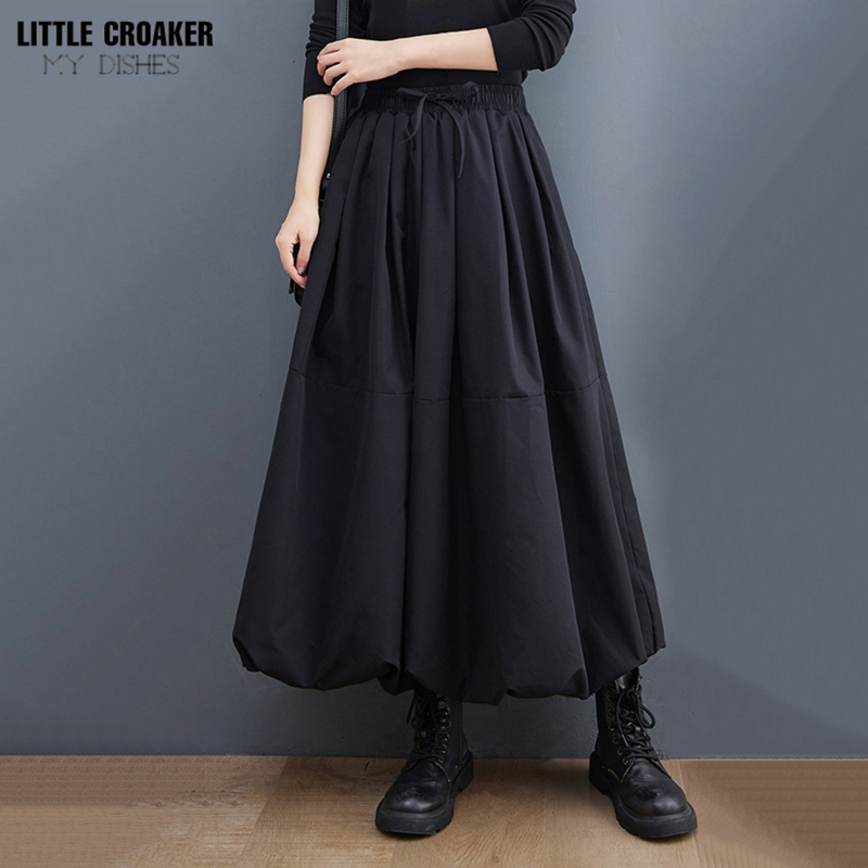Элегантная женская одежда, черная винтажная плиссированная юбка с высокой талией, модная Свободная юбка миди большого размера на шнуровке, ...