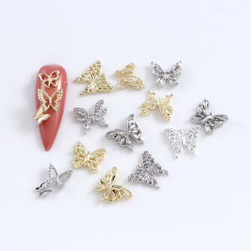 10Pcs/lot 3D Butterfly Alloy Nail Charms Bow-knot Design Jewelry Luxury Gold Silver Hollow Nail Art Decoration Accessories Bulk