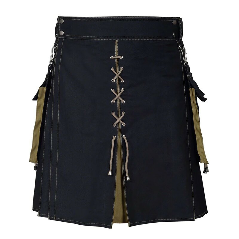 Falda plisada gótica Retro escocesa para hombre, pantalones cortos de Hip Hop, fajas de bolsillo, correas de cuero, Kilt tradicional