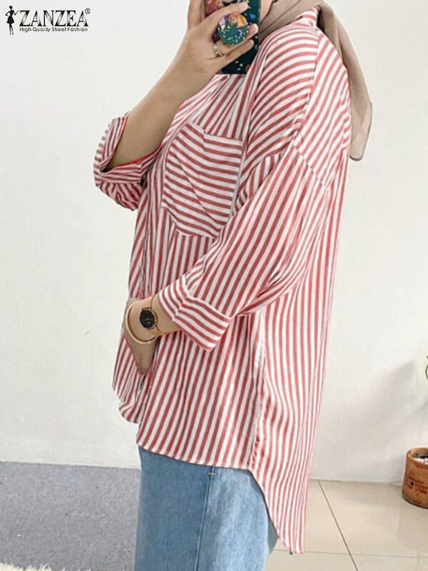 Винтажная Повседневная офисная полосатая блузка ZANZEA, модная женская рубашка с длинным рукавом, осенняя рубашка с отложным воротником, Дубай, Турция, женские блузы
