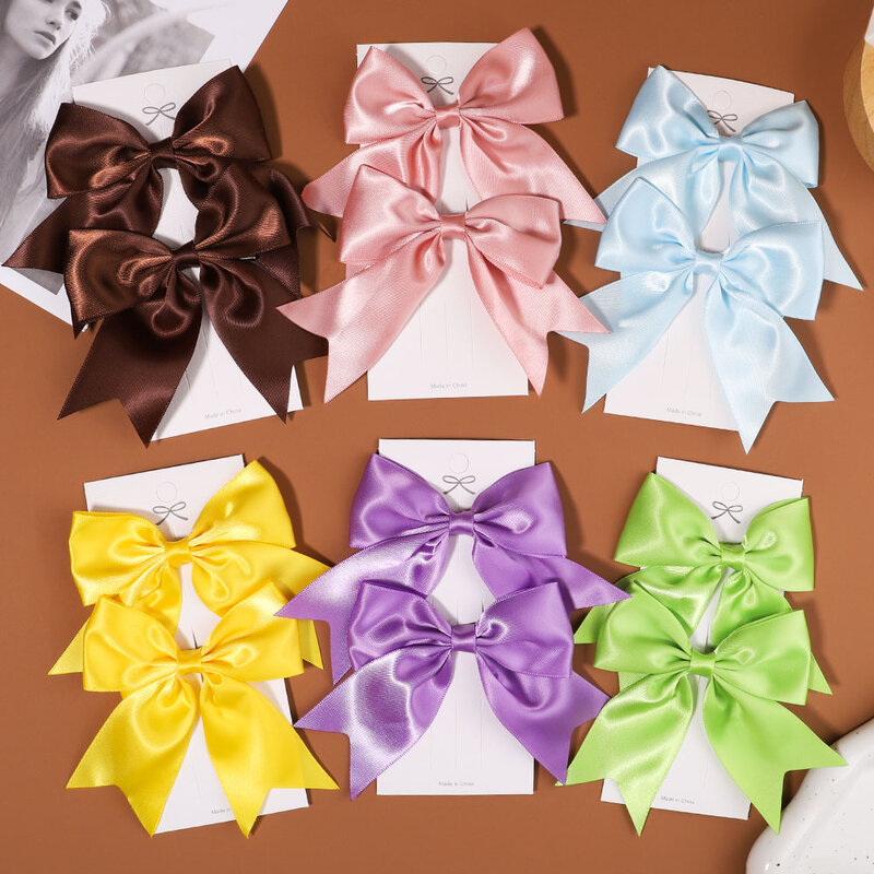 2Pcs/set Delicate Ribbon Cheer Bows Hair Clip for Kids Solid Color Hairpins Barrettes Handmade Headwear Girl Hair Accessories