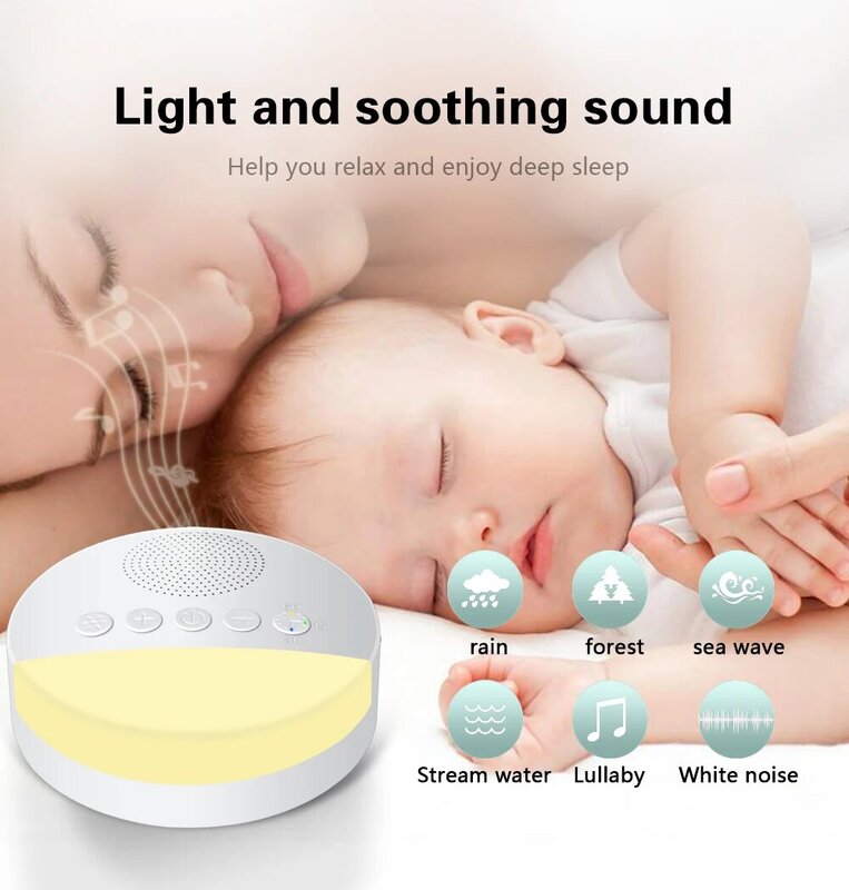 Jogador portátil do som do sono do bebê, máquina do ruído branco, USB recarregável, desligamento cronometrado, luz da noite