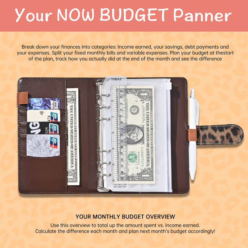 A6 Budget Binder Notebook Money Saving Organizer for Cash Bills, Budget Planner with Zipper Envelopes & Expense Budget Sheets