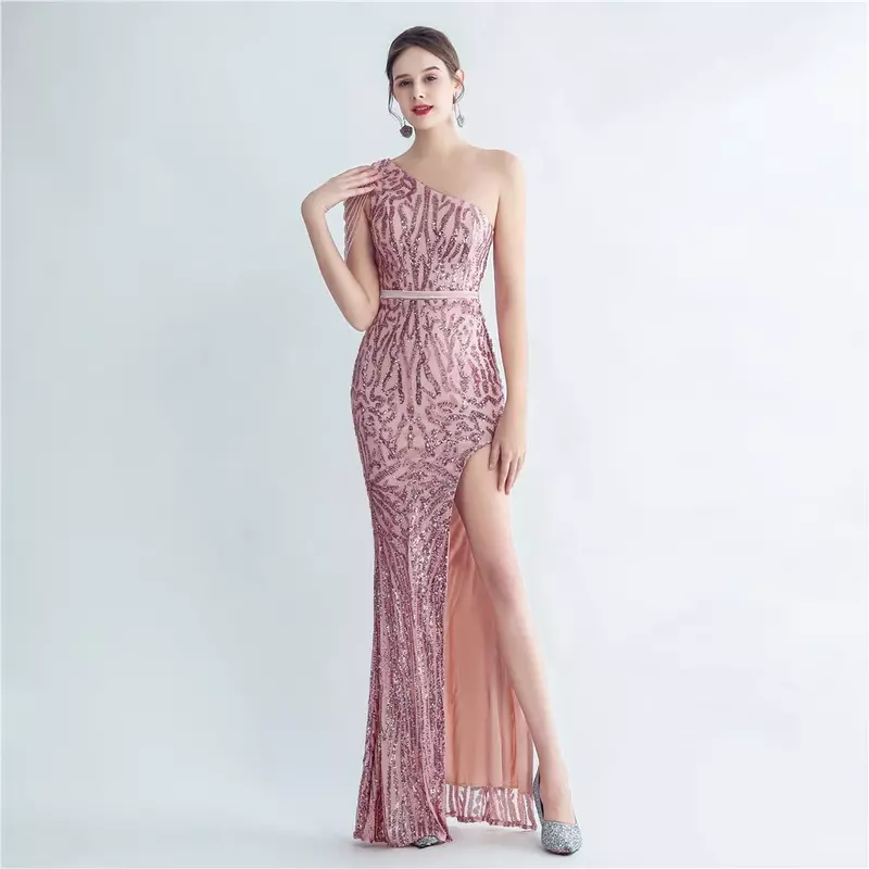 Sladuo Women's One Shoulder With Nail Beads Sexy Sleeveless Split Sequin Dress Long Mermaid Evening Cocktail
