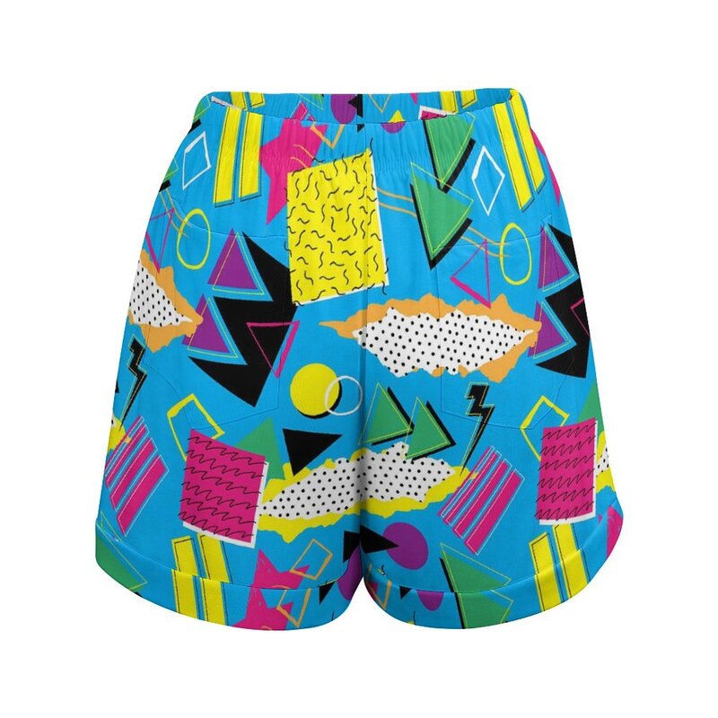 Pantaloncini geometrici Vintage colorati stile Memphis anni '80 pantaloncini Casual Oversize a vita alta Harajuku pantaloni corti Lady Y2k tasche Bottoms
