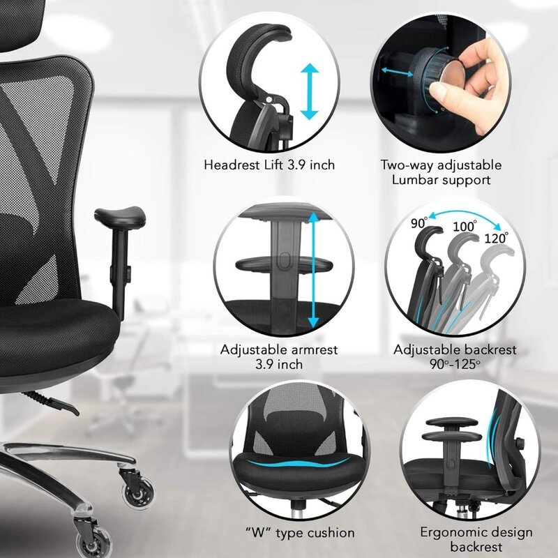 Chaise de bureau réglable avec support de taille et roulettes, dossier haut, maille respirante, table et chaise de bureau