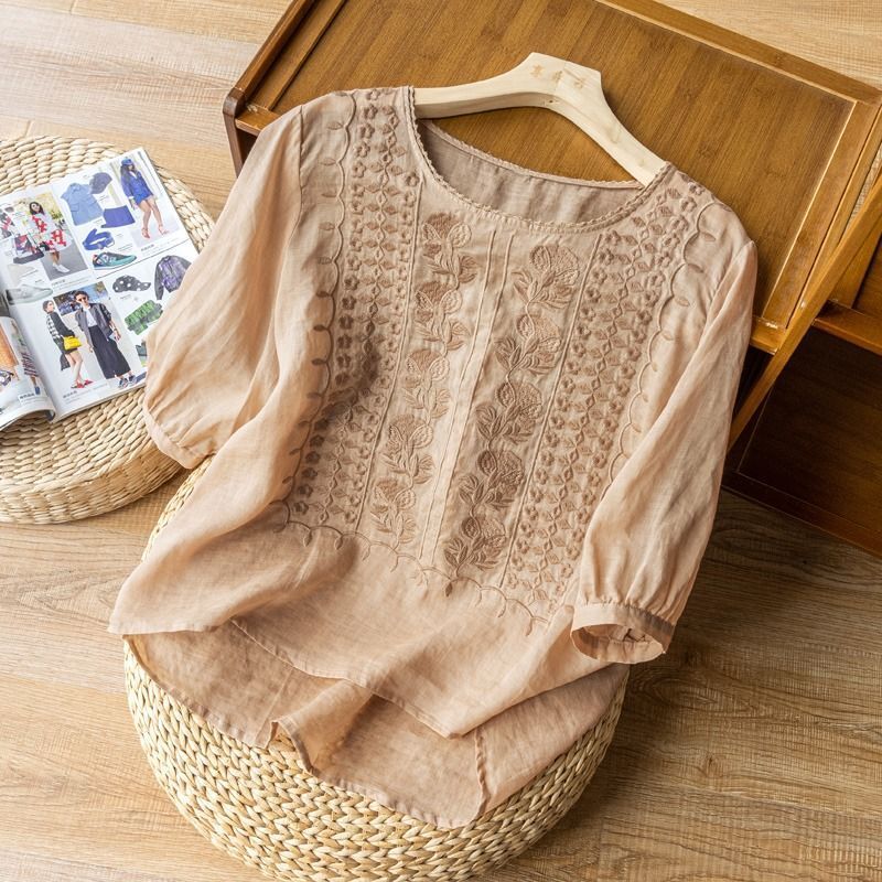 Summer 2024 New Short Sleeve Cotton Linen Shirt Women's Commute Solid Color Button Spliced Loose Pullover Round Neck Casual Tops