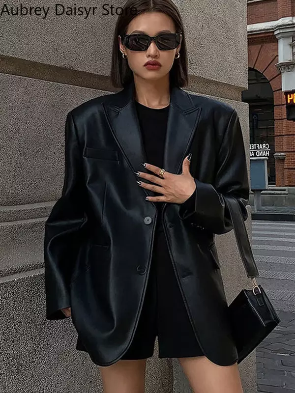 Jaket kulit wanita Korea, Punk hitam, Vintage, Blazer kulit kasual kancing musim dingin hangat longgar