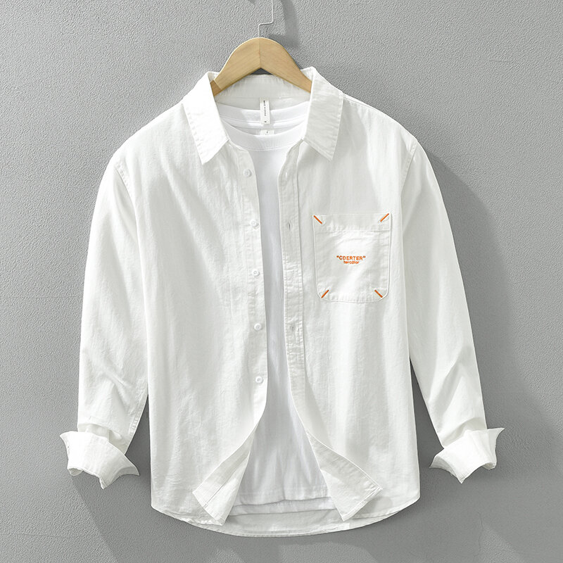 เสื้อเชิ้ตสีขาวผ้าฝ้ายลำลองสำหรับคอปกเสื้อผู้ชายแฟชั่นเสื้อเชิ้ตแขนยาว2024เสื้อเสื้อผู้ชายใหม่