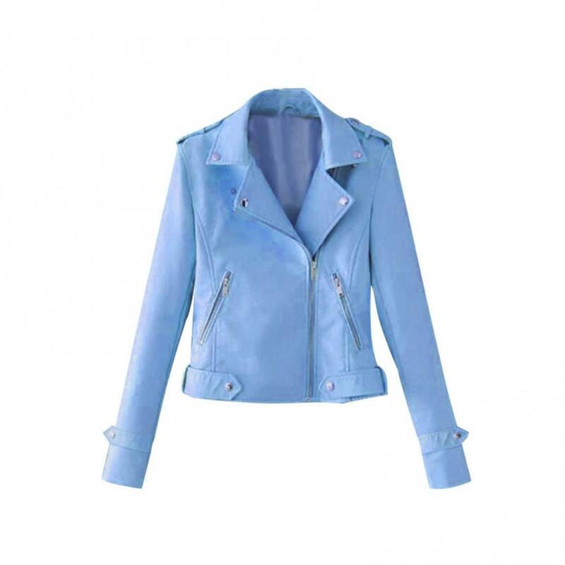 Bluza z długim rękawem płaszcz damski jednolity kolor klapy ze sztucznej skóry płąszcz zapinany na suwak motocyklowy