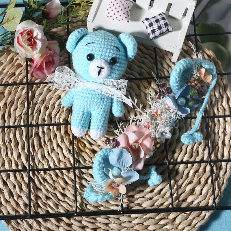 Boneca de urso e crochê para bebê recém-nascido, 2 peças, conjunto de chapéu tricô para bebê, boneca artesanal, brinquedo para fotos, acessórios de adereços