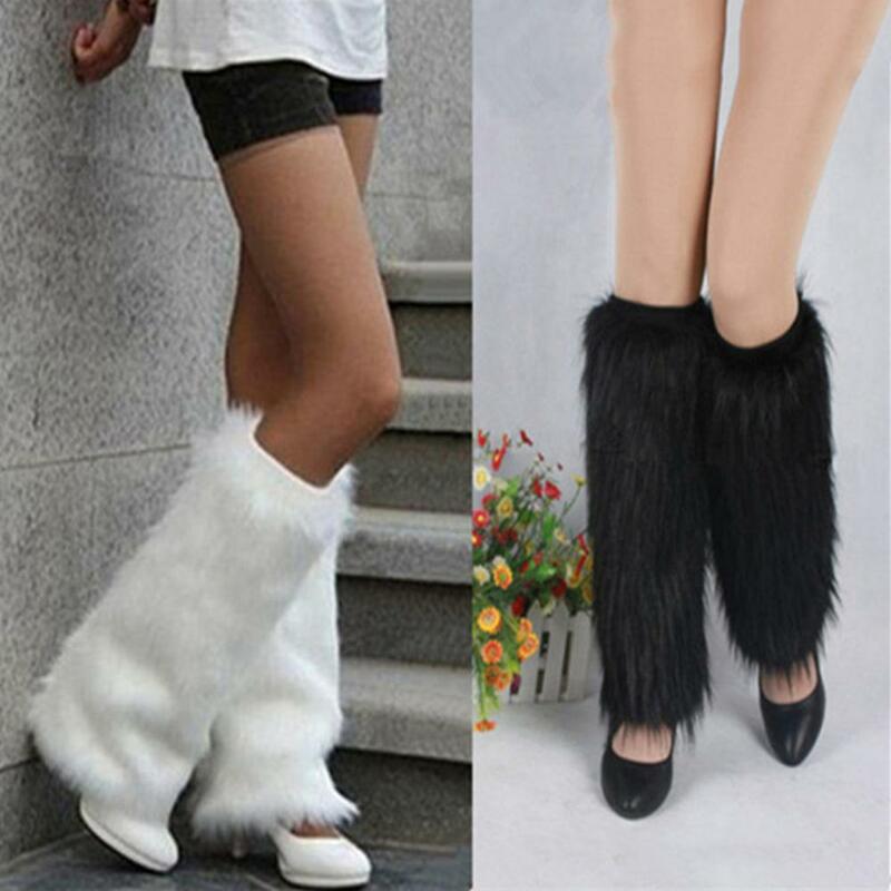 Inverno moda feminina boot cobre peludo cor sólida pele do falso macio perna aquecedores