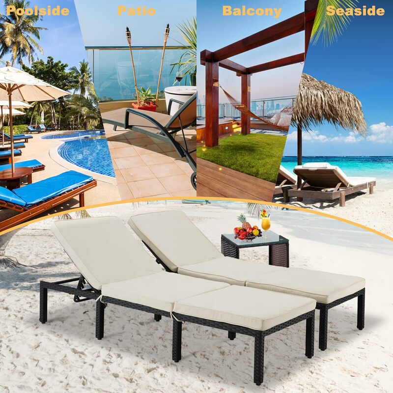 Pool Chaise Lounge Chairs, PE Rattan Wicker Beach Lounge Chairs, Adjustable Outdoor Layout Chairs, Waterproof Cushioned