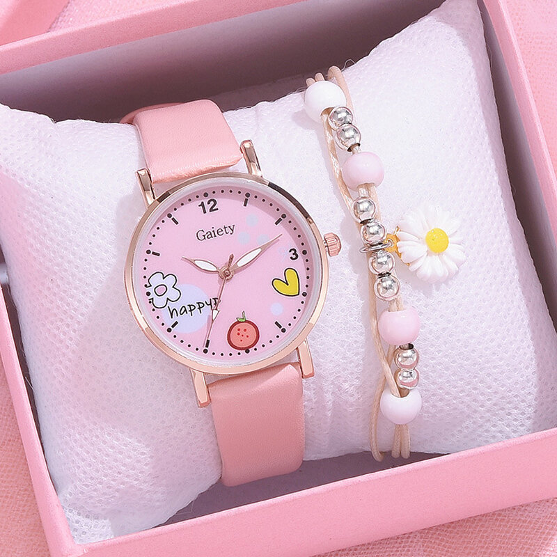 Kids Watches Pink Cute Children's Wristwatch Cartoon Pattern Quartz Watch Set for Girls Fashion Students' Clock Relogio Feminino