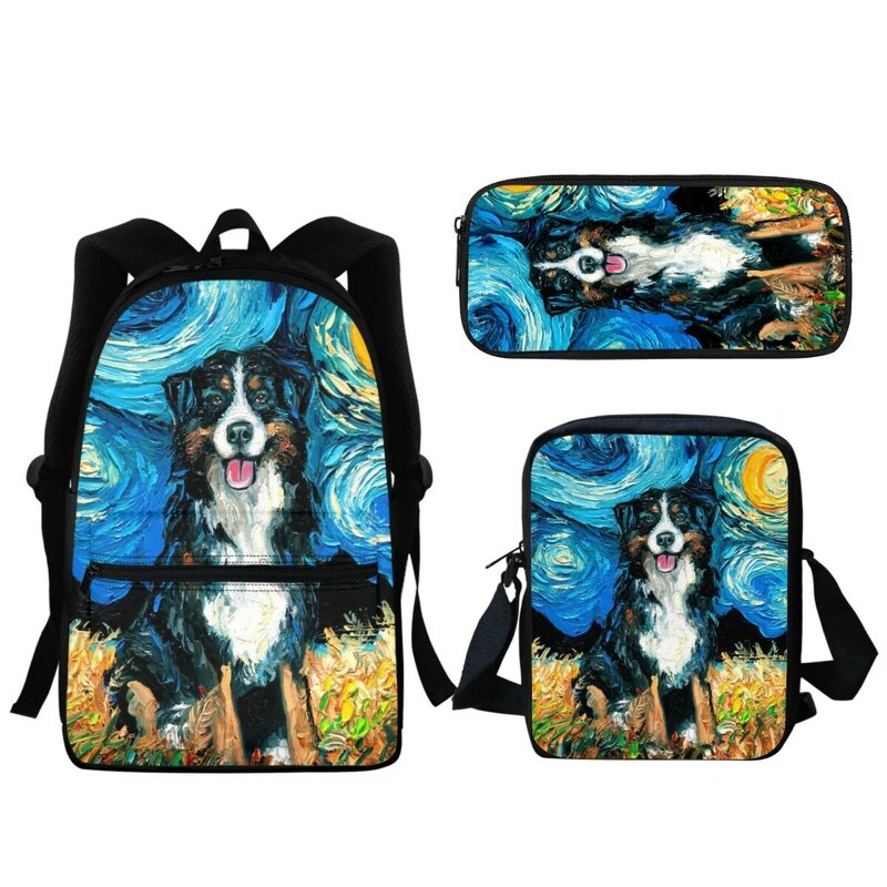 Mochila escolar con diseño de perro de pintura al óleo de Noche Estrellada creativa, mochila de Anime para niños de jardín de infantes, bolsa de almuerzo de alta calidad, herramientas de aprendizaje