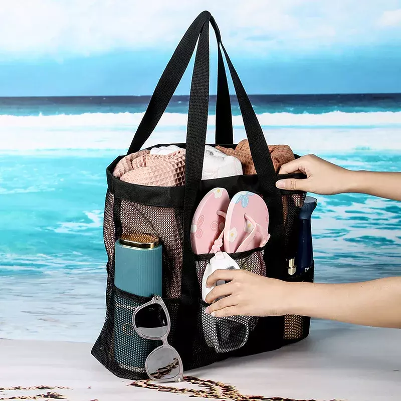 Grande-capacidade de malha multi-bolso saco de praia pano de malha portátil saco de lavagem de viagem fitness natação saco de armazenamento bolsas claras