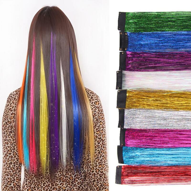Glitter Sparkling Tinsel Extensões de cabelo para mulheres, cores do arco-íris, fixação do clipe, fada brilhante, Kit Tinsel cabelo, acessório do cabelo, 45cm, 3 pcs
