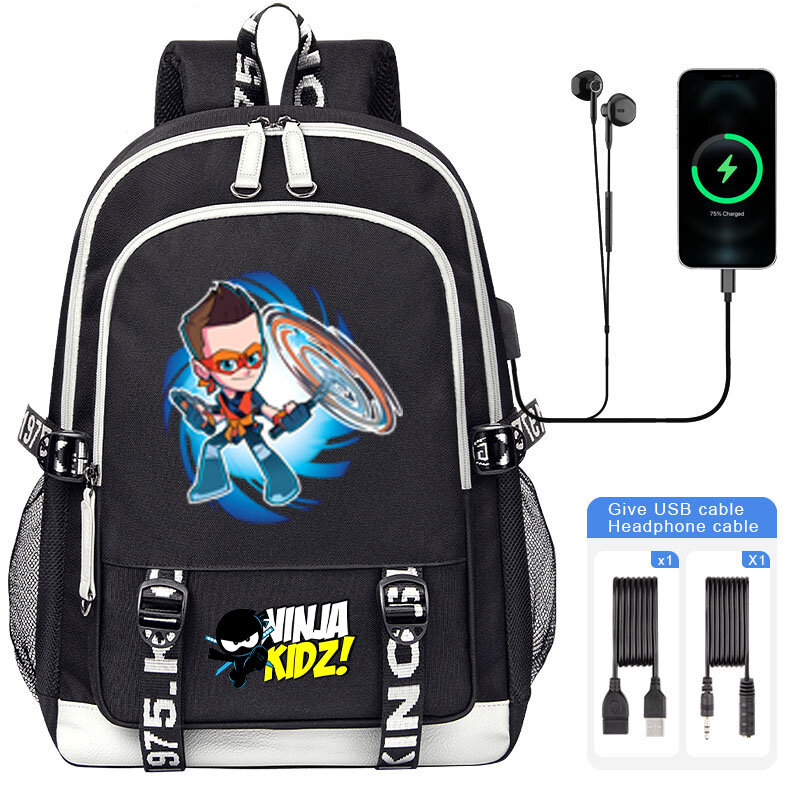 만화 닌자 키즈 배낭 책가방, 초등 학생용, 닌자 키즈 USB 대용량, 남아 여아 배낭 모칠라