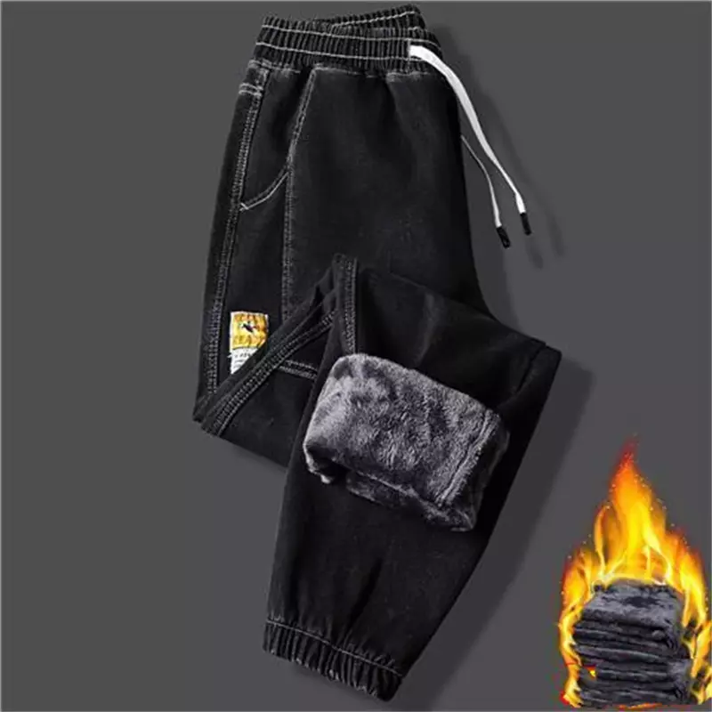 Pantalones vaqueros gruesos y cálidos de lana para hombre, ropa de calle negra, pantalones térmicos Harem, invierno, 2022