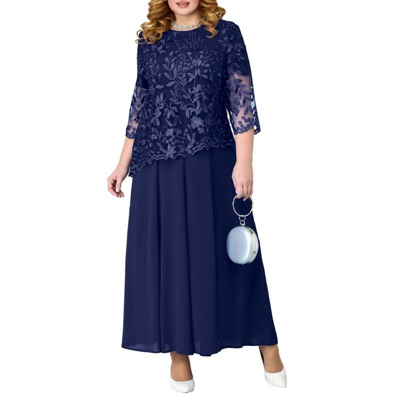 Dress sifon wanita, gaun Maxi ukuran Plus dengan bordir bunga, Detail renda lengan tiga perempat, leher O palsu dua potong