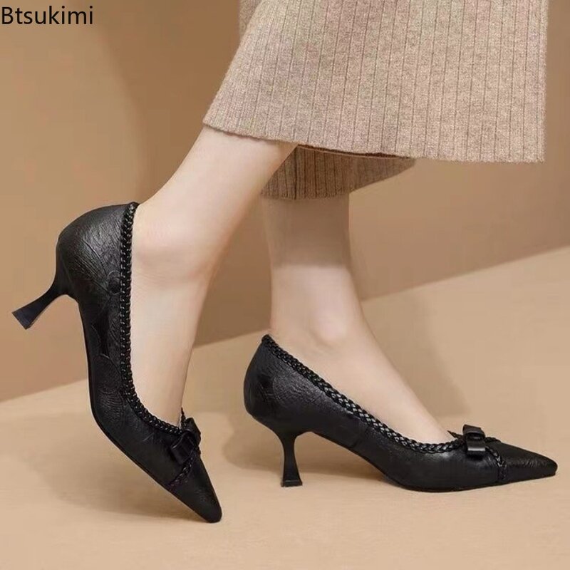 Fashion Large Size Pointed Toe Pumps for Women Butterfly-knot Design Classic Stilect Single Shoes Office Ladies Retro High Heels