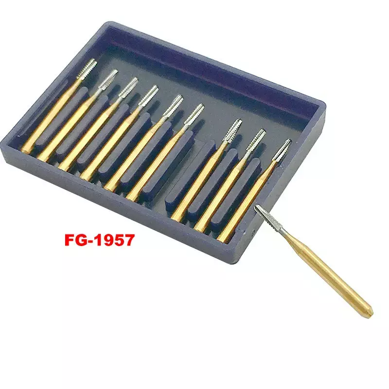 10 stks/doos tandheelkundige wolfraamstaal carbide burs kroon metalen snijden burs FG-1957/1958 tandheelkundige materialen