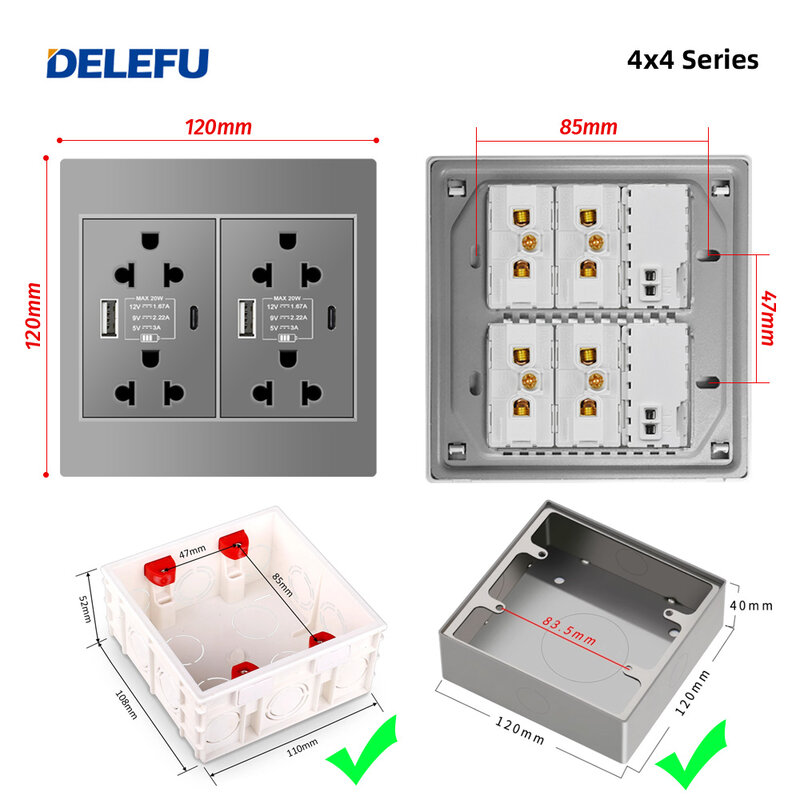 Серые огнестойкие панели DELEFU 4*4PC, Мексиканский стандарт, настенная розетка типа C стандарта США, стандартный выключатель для быстрой зарядки