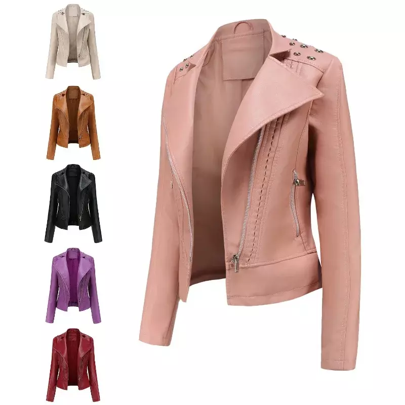 Casaco de couro frisado feminino, jaqueta curta, outwear feminino, roupas de motocicleta, design lazer, sentido, moda, primavera, outono