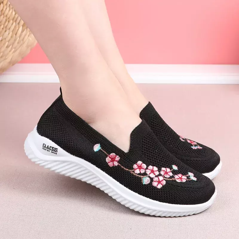 รองเท้าผู้หญิงรองเท้าผ้าใบตาข่ายระบายอากาศลายดอกไม้ Comfort แม่นุ่มสีทึบรองเท้าผู้หญิงน้ำหนักเบา