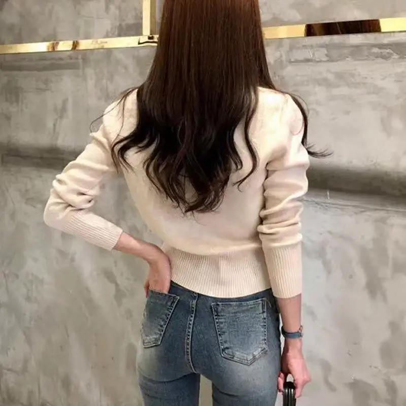 Sweter Kardigan Rajutan Fashion Wanita Musim Gugur Lengan Panjang Mantel Pendek Kasual Korea Kancing Sebaris Atasan Ramping Tarik Femme 17375