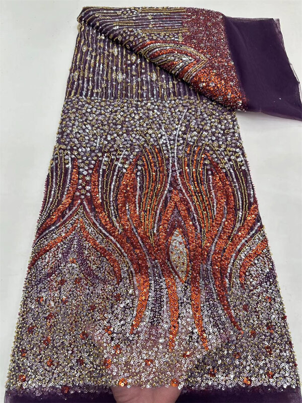 Nigeriano Handmade Beads Lace Fabric, luxuoso lantejoulas, bordado frisado, tecido de renda Africano para costura, alta qualidade, A01-3, 2024