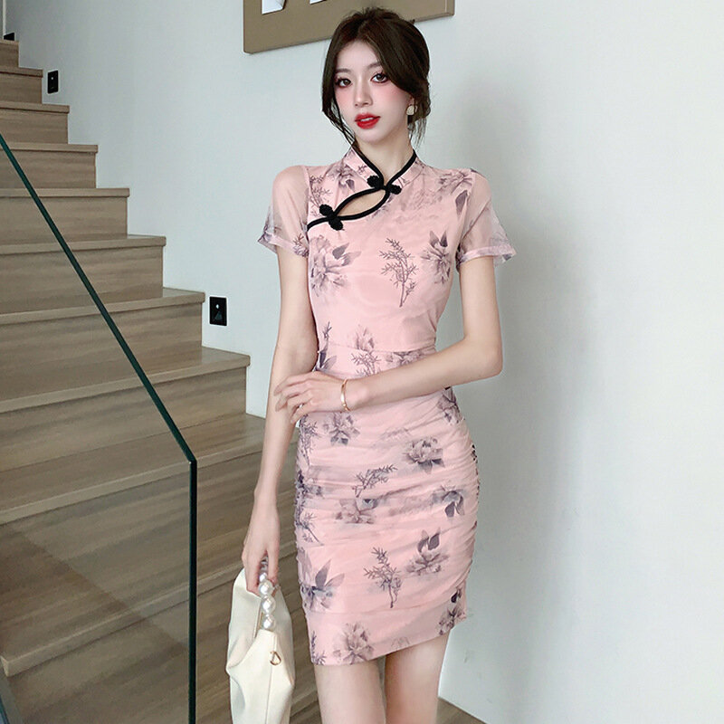 Vestido cheongsam plissado de manga curta feminino, mini vestido elegante, roupa retrô estampada, nádegas sexy, alta qualidade, 2022