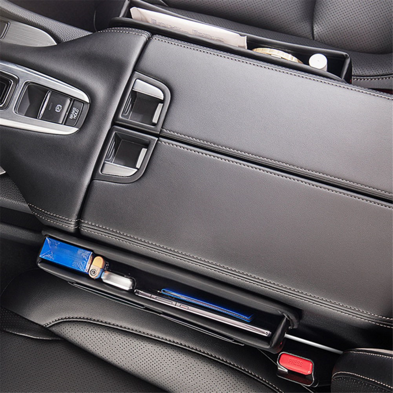 Organizador do assento de carro de couro com espaço ajustável, textura multi cartão, controle central, enchimento do espaço do assento, saco do carro