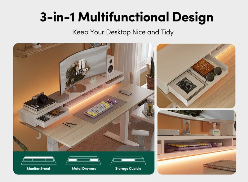 Elétrica Standing Desk com suporte do monitor, mesa de altura ajustável com LED Strip, Gaming Workstation, 2 gavetas, armazenamento, 60x26 polegadas