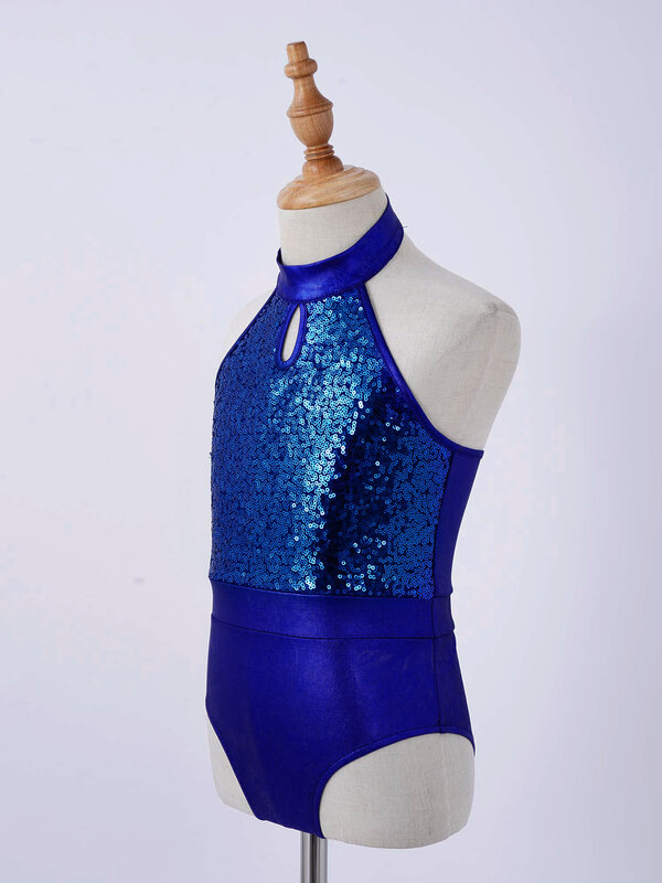 Kids Girls Ballet Dance Wear Royal Blue Stylish Sleeveless Sparkling Sequins Bodysuit Collar Patchwork Style Backless Leotards