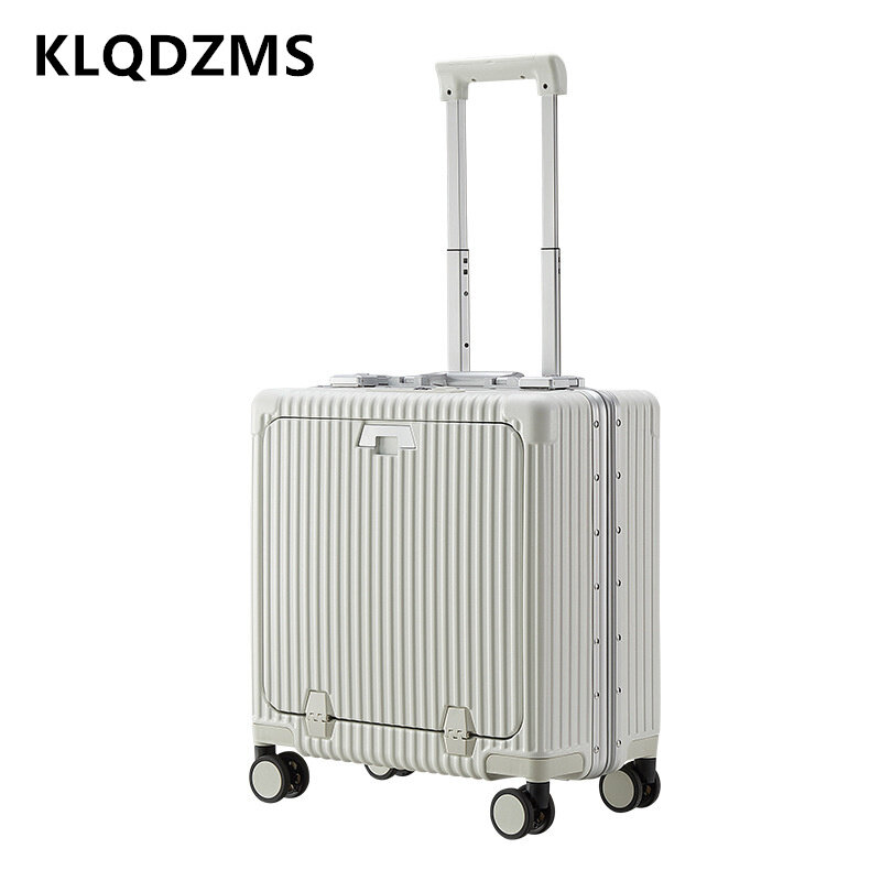 KLQDZMS 18 Inch High Quality Luggage Multifunctional Aluminum Frame Trolley Case Front Opening Boarding Box Rolling Suitcase