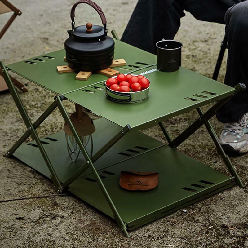 Tavolo da campeggio pieghevole scaffale da campeggio all'aperto tavolo da campeggio a 2 strati ripiano da campeggio in lega di alluminio tavolo pieghevole portatile