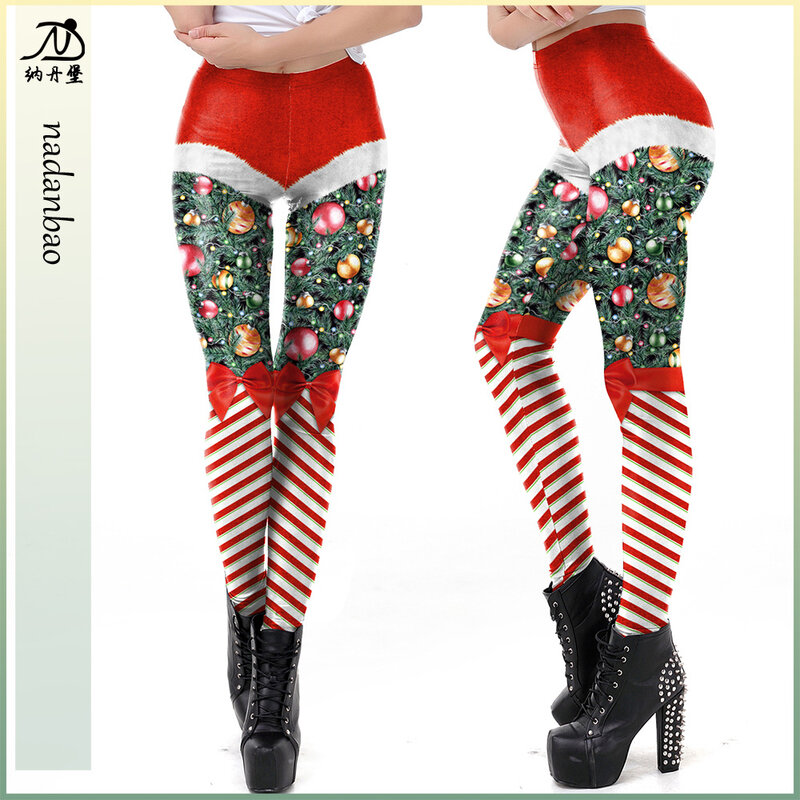 Nadanbao Christmas Streak Printing Leggings Women Fashion Funny Holiday Party Trousers Girls Mid Waist Elastic Tights Long Pants