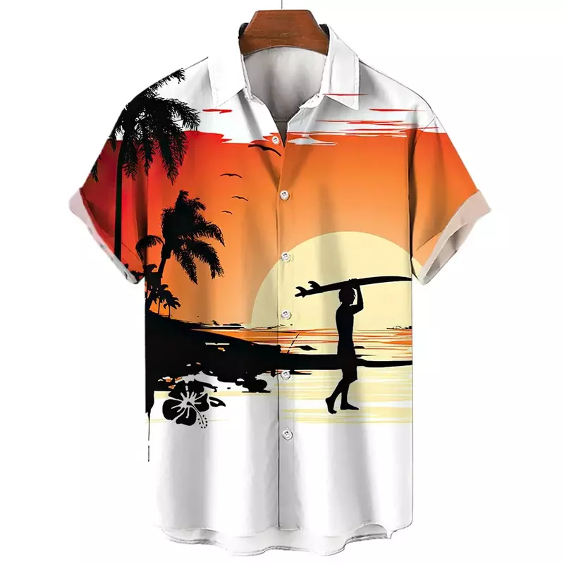 قميص هاواي مطبوع على شاطئ البحر للرجال ، قمصان شاطئ كاجوال بأكمام قصيرة ، ملابس رجالية بصف صدر واحد ، موضة الأولاد